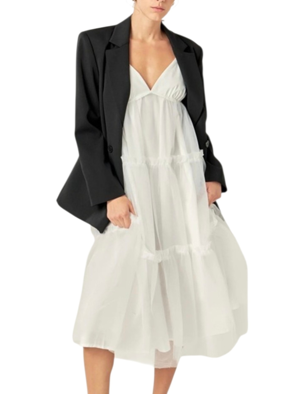 English Factory White Tulle Tiered Midi Dress Bridal Balletcore Sz M Slip Sheer